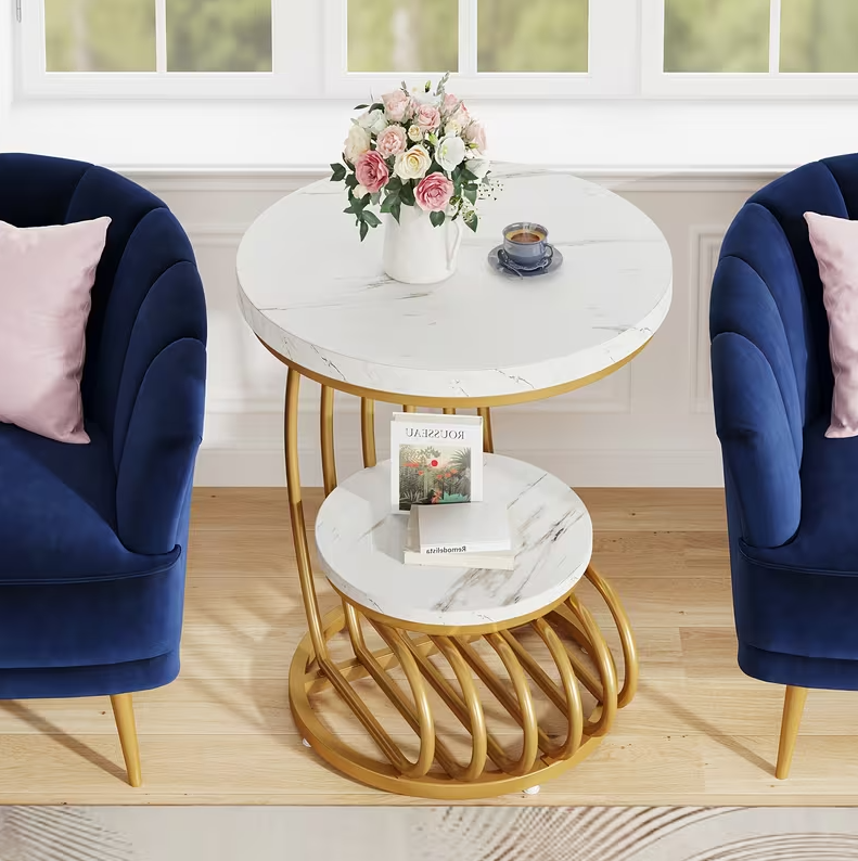 Round Faux Marble End Table - 2-Tier Golden Side Table & Nightstand - Valefield