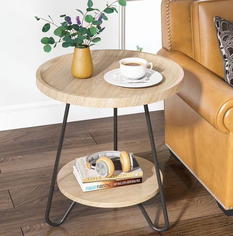 Round Industrial Side Table – 2-Tier Modern Wood Color Accent Table - Valefield