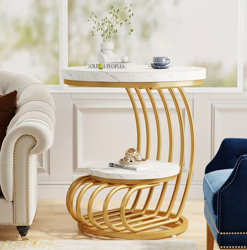 Round Faux Marble End Table - 2-Tier Golden Side Table & Nightstand - Valefield