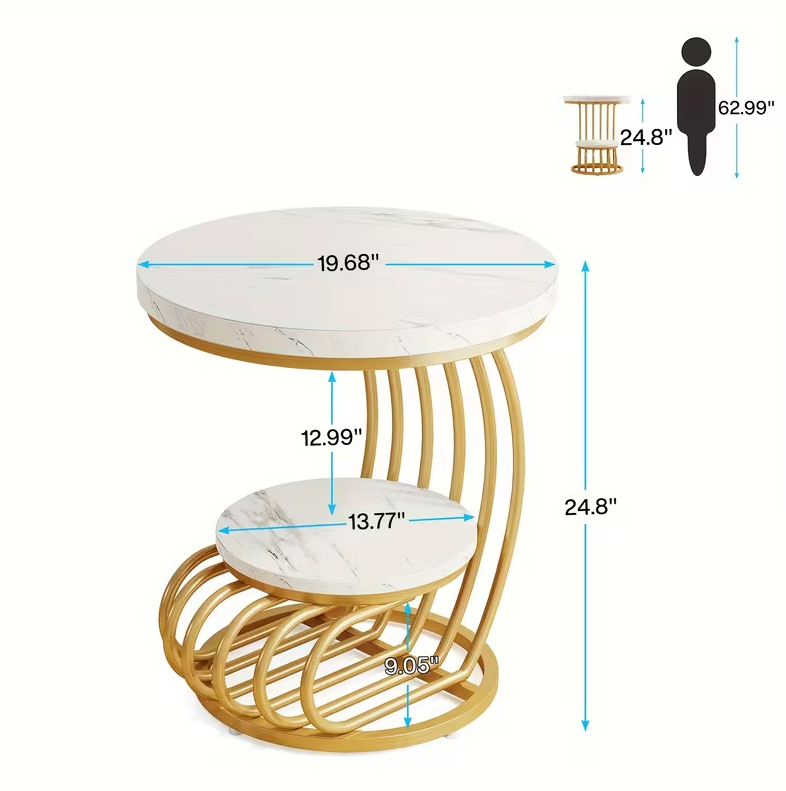 Round Faux Marble End Table - 2-Tier Golden Side Table & Nightstand - Valefield