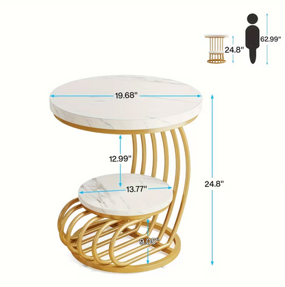 Round Faux Marble End Table - 2-Tier Golden Side Table & Nightstand - Valefield