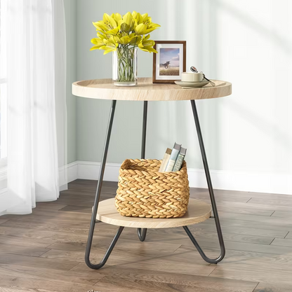 Round Industrial Side Table – 2-Tier Modern Wood Color Accent Table - Valefield