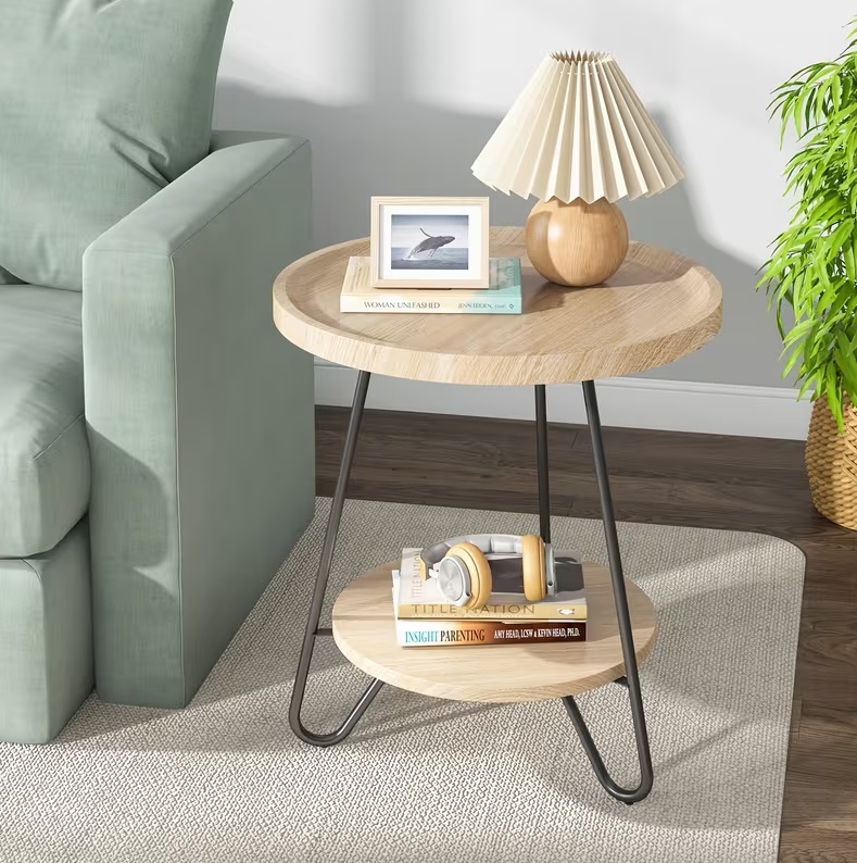 Round Industrial Side Table – 2-Tier Modern Wood Color Accent Table - Valefield