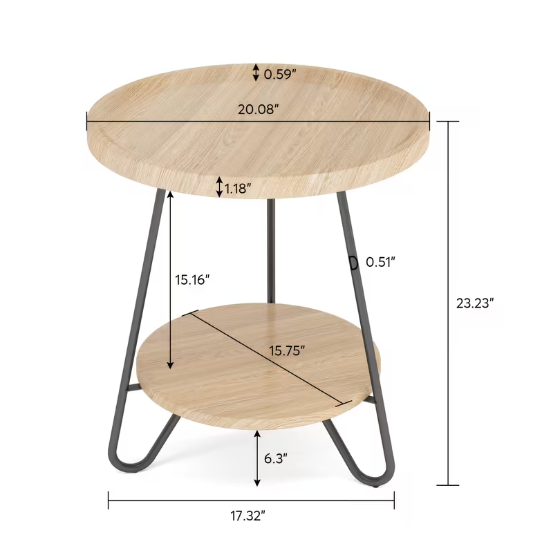 Round Industrial Side Table – 2-Tier Modern Wood Color Accent Table - Valefield