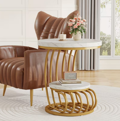 Round Faux Marble End Table - 2-Tier Golden Side Table & Nightstand - Valefield