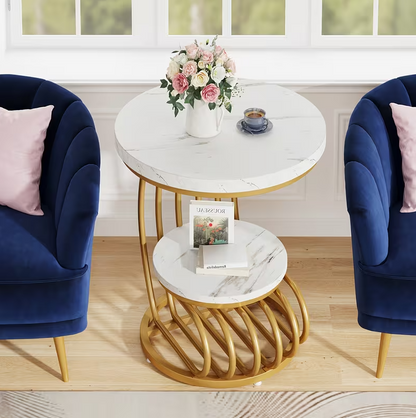 Round Faux Marble End Table - 2-Tier Golden Side Table & Nightstand - Valefield