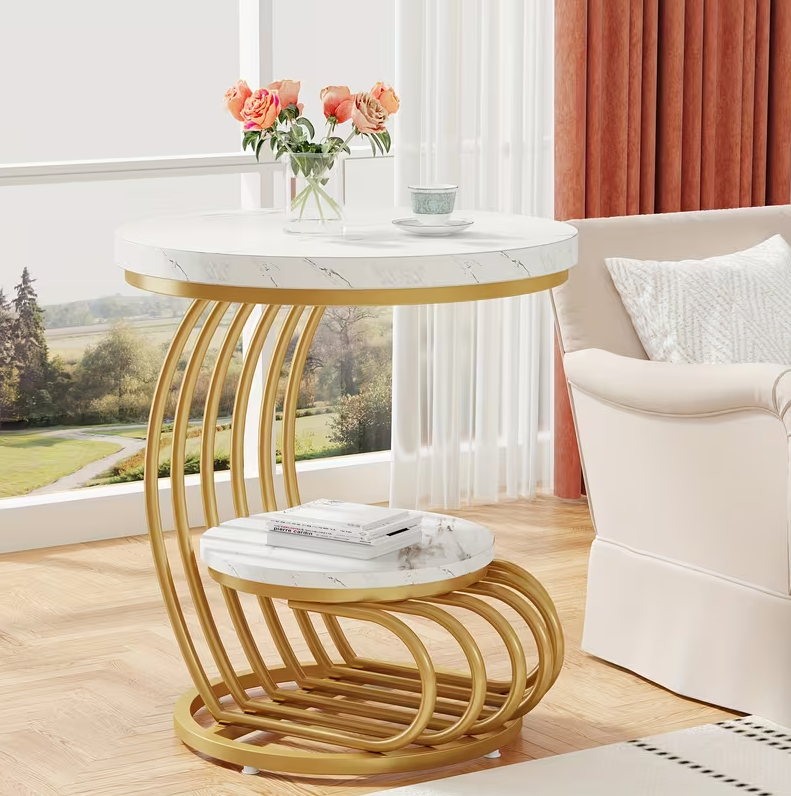 Round Faux Marble End Table - 2-Tier Golden Side Table & Nightstand - Valefield