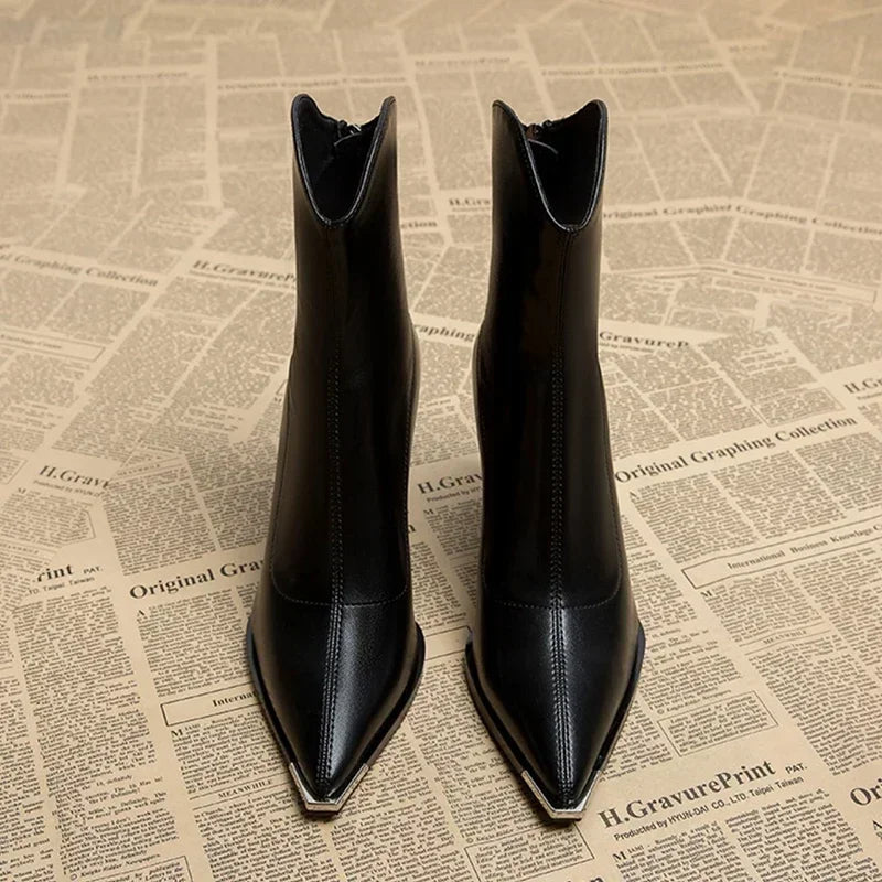 Ella Black Chelsea Boots for Women - Chrome Tip Faux Leather 6