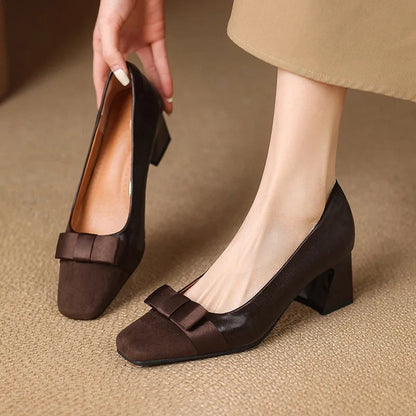 Ella Sophia Women's Black Heels - Premium Leather Block Pumps with Bow-Knot Front 0