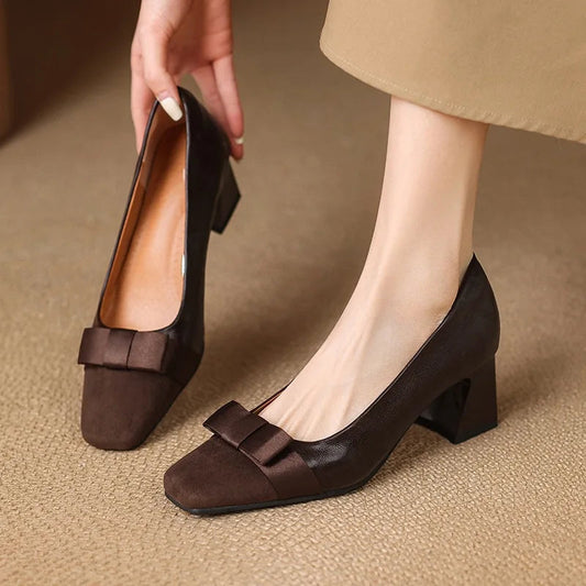 Ella Sophia Women's Black Heels - Premium Leather Block Pumps with Bow-Knot Front 0
