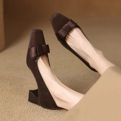 Ella Sophia Women's Black Heels - Premium Leather Block Pumps with Bow-Knot Front 2