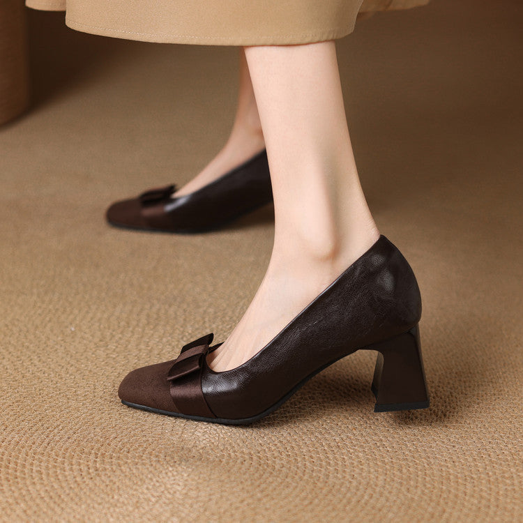 Ella Sophia Women's Black Heels - Premium Leather Block Pumps with Bow-Knot Front 5