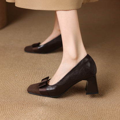 Ella Sophia Women's Black Heels - Premium Leather Block Pumps with Bow-Knot Front 5