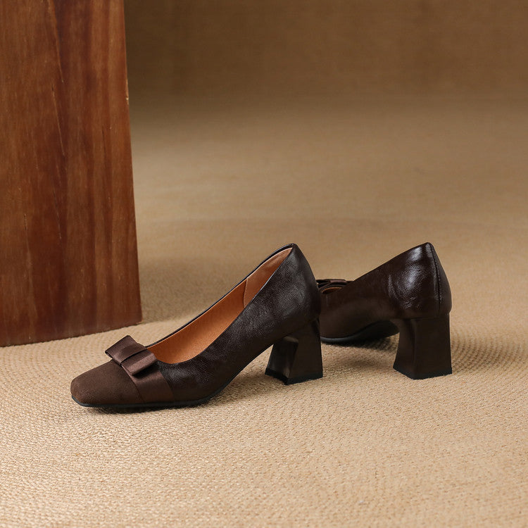 Ella Sophia Women's Black Heels - Premium Leather Block Pumps with Bow-Knot Front 7