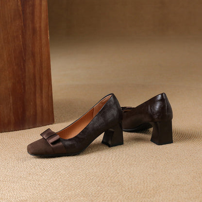 Ella Sophia Women's Black Heels - Premium Leather Block Pumps with Bow-Knot Front 7