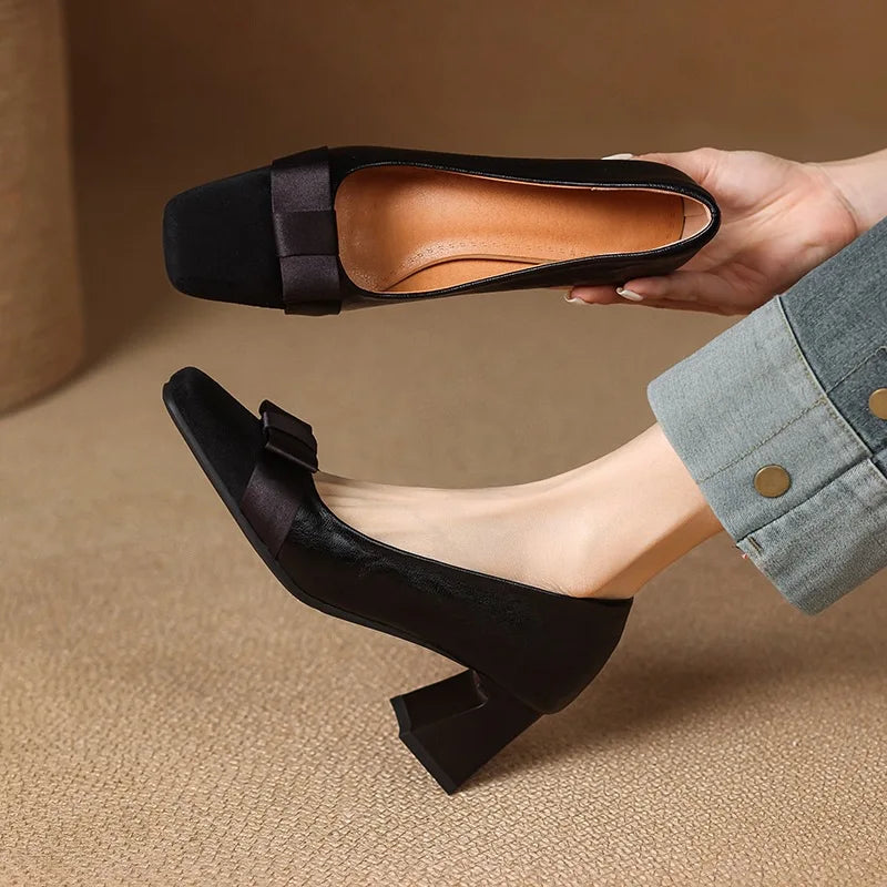 Ella Sophia Women's Black Heels - Premium Leather Block Pumps with Bow-Knot Front 9