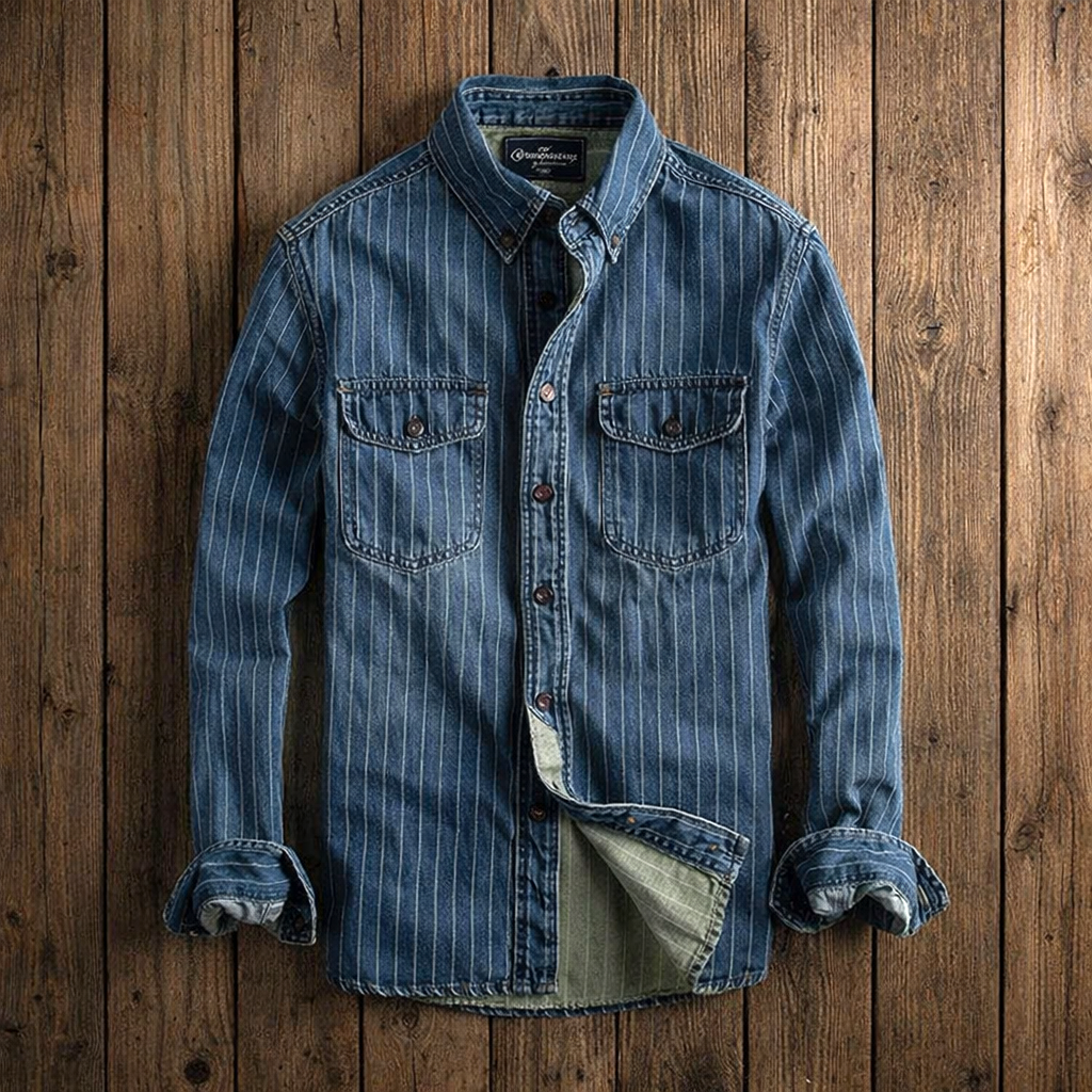 Hector Vintage Shirt | Cotton Denim, Retro Pinstripe Design 0