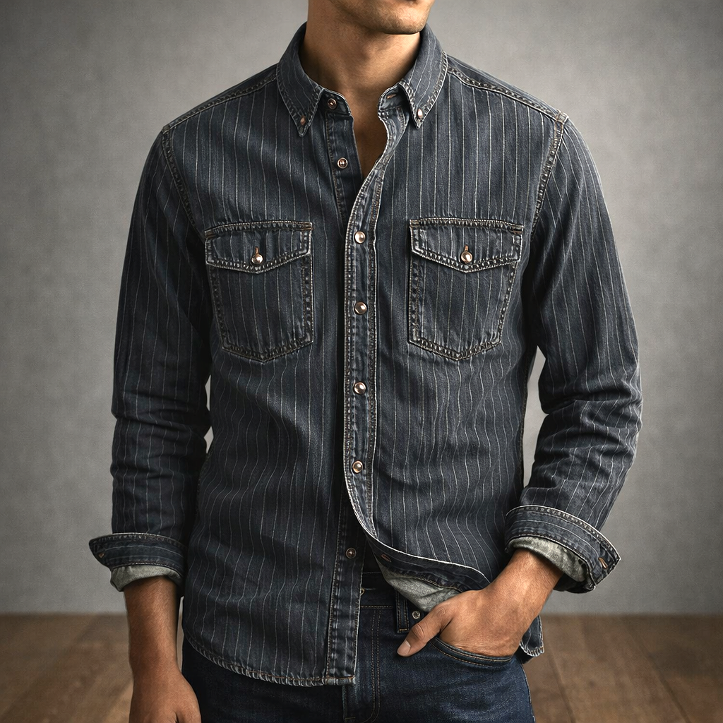 Hector Vintage Shirt | Cotton Denim, Retro Pinstripe Design 3